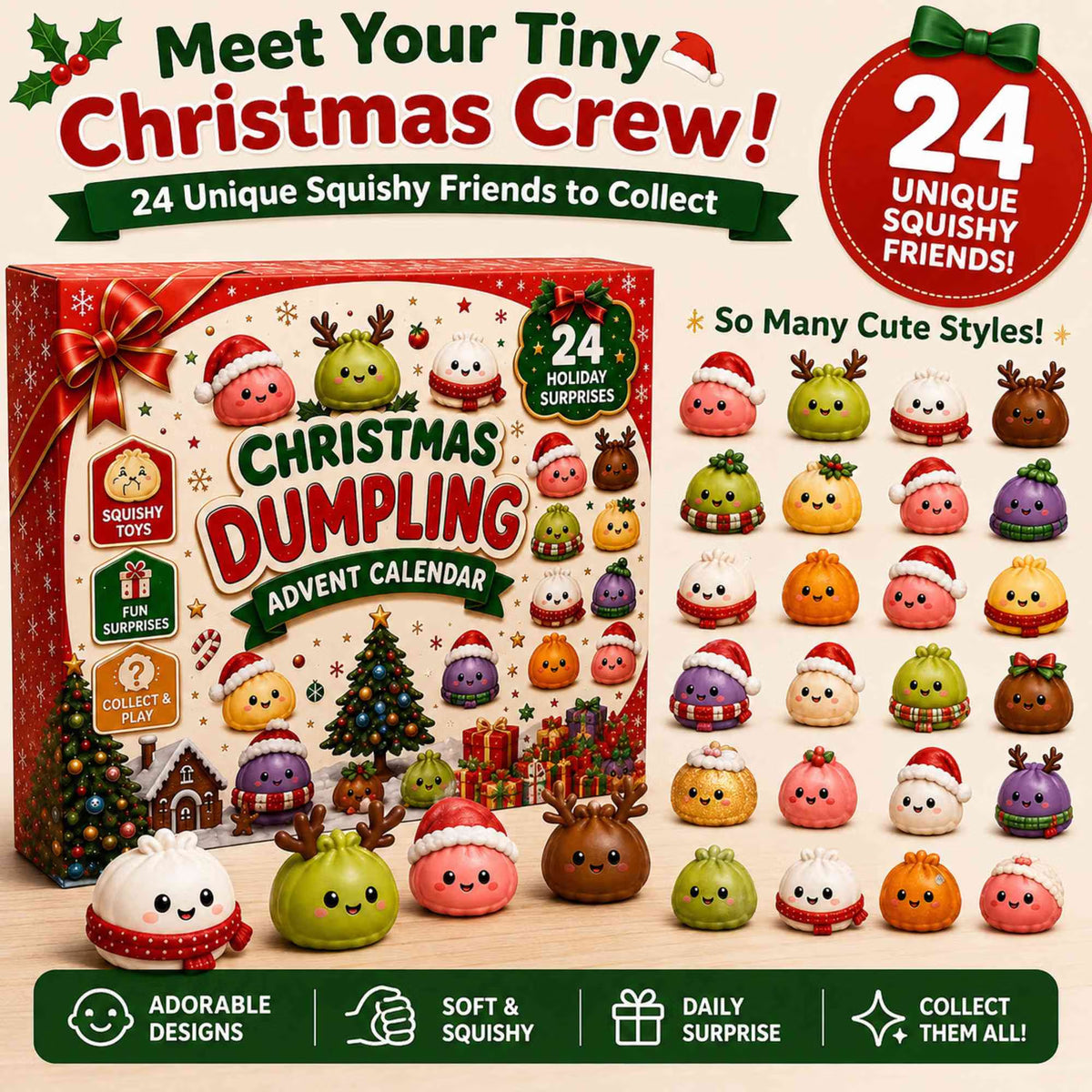 Christmas Advent Calendar 2026, 24 Days Countdown Calendar, Mini Dumpling Squishy Toys with Glitter, Christmas Holiday Gift for Kids